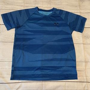 Under Armour Heat Gear Mens Medium Loose Blue T-Shirt Stripes Gym Workout